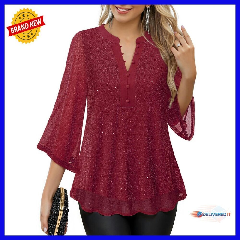 Women's 3/4 Sleeve Mesh Blouse Double Layer V-Neck Button Down